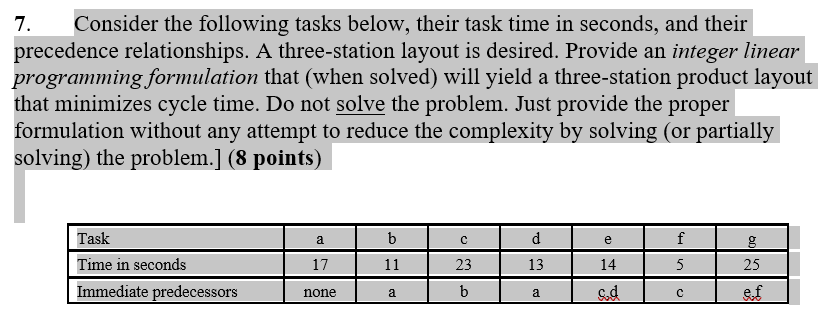 7. Consider the following tasks below, their task