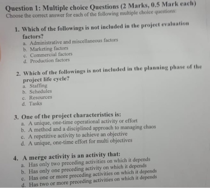 Question 1: Multiple choice Ouestions (2 Marks,