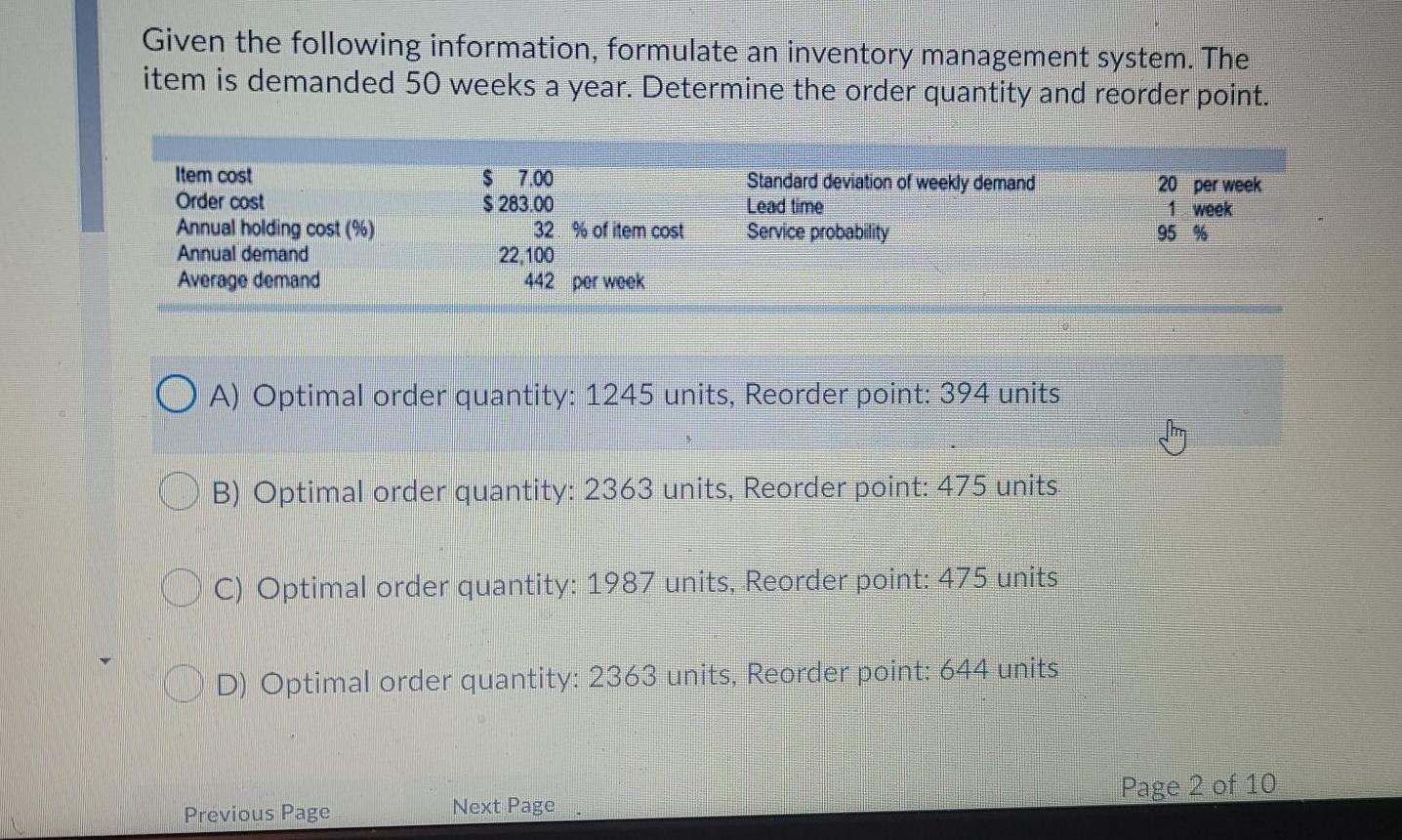 Given the following information, formulate an