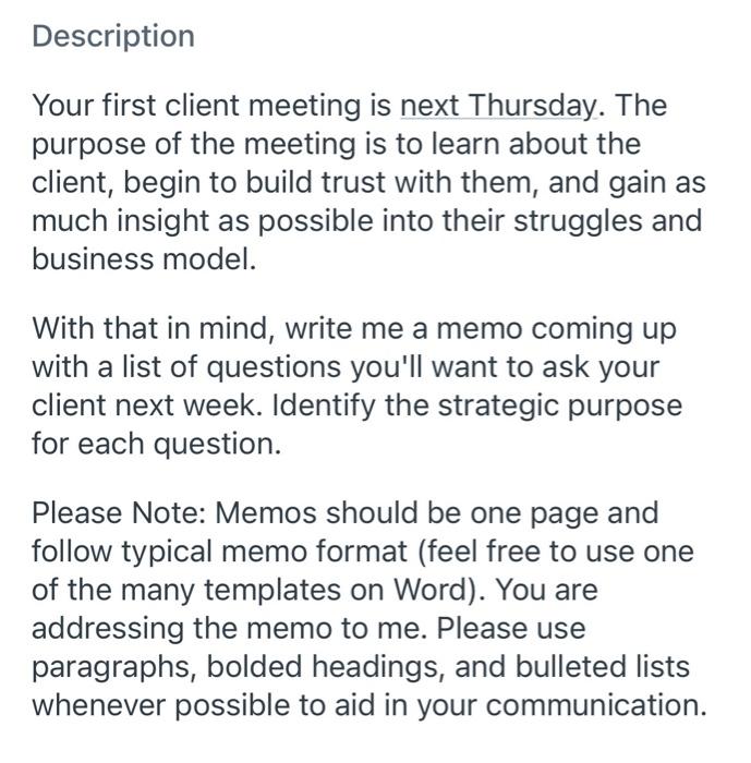 Description Your first client meeting is next