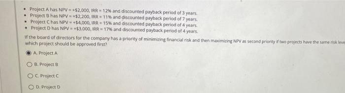Project A has NPV = +$2,000, IRR = 12% and