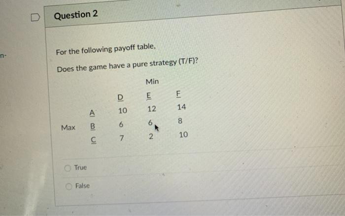 Question 2 n- For the following payoff table,
