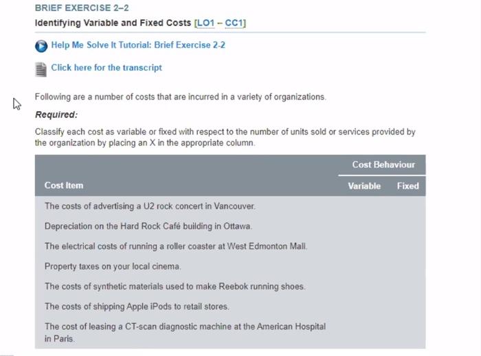 BRIEF EXERCISE 2-2 Identifying Variable and Fixed