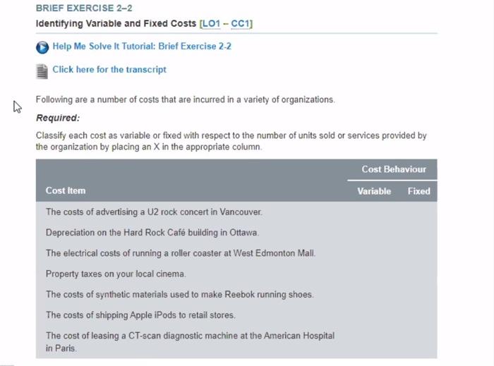 BRIEF EXERCISE 2-2 Identifying Variable and Fixed