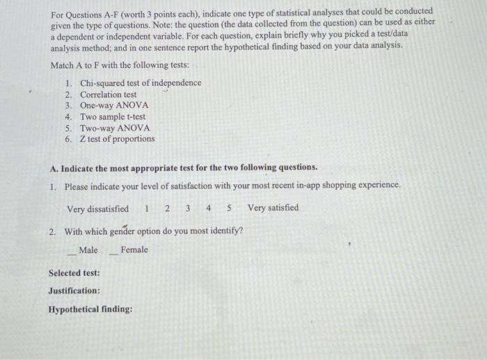 For Questions A-F (worth 3 points each), indicate