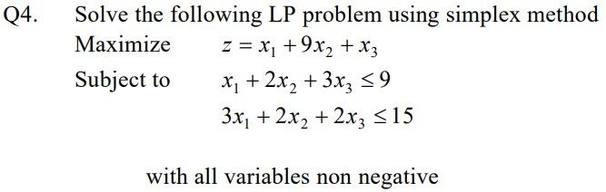 Q4. Solve the following LP problem using simplex