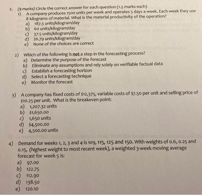 2. (9 marks) Circle the correct answer for each