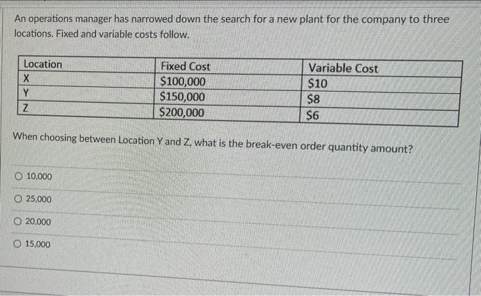 An operations manager has narrowed down the