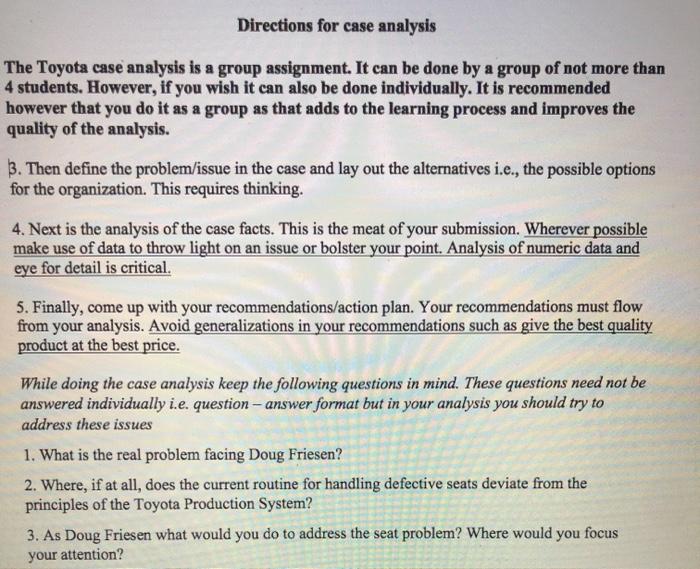 Directions for case analysis The Toyota case
