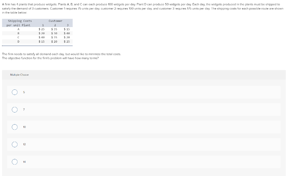 A firm has 4 plants that produce widgets Plants A