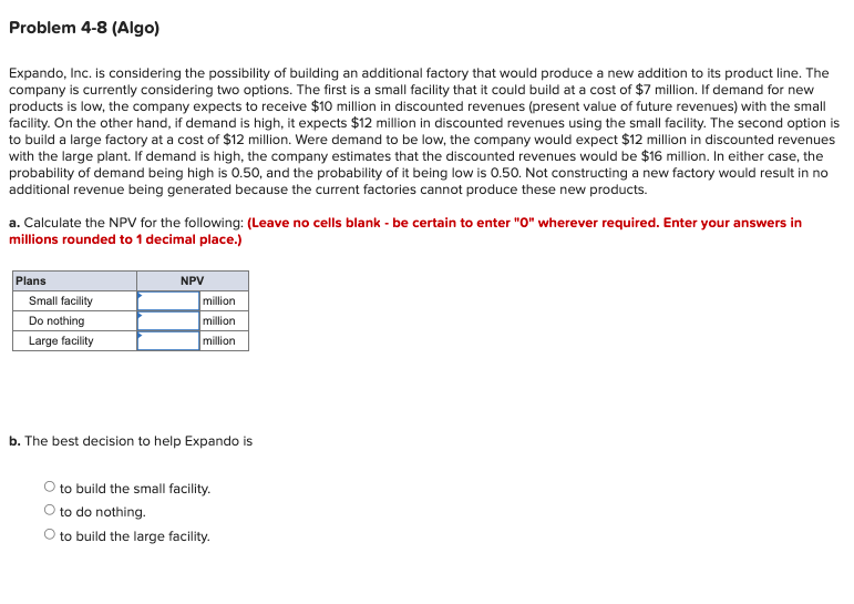 Problem 4-8 (Algo) Expando, Inc. is considering