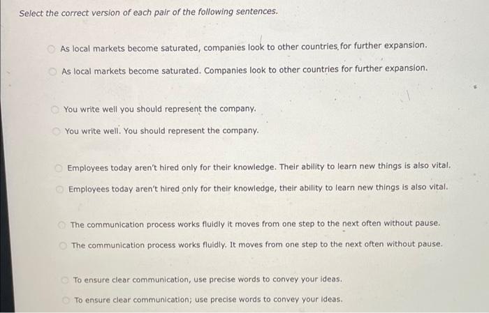 Select the correct version of each pair of the