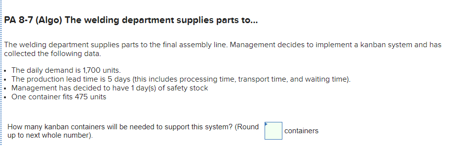 PA 8-7 (Algo) The welding department supplies