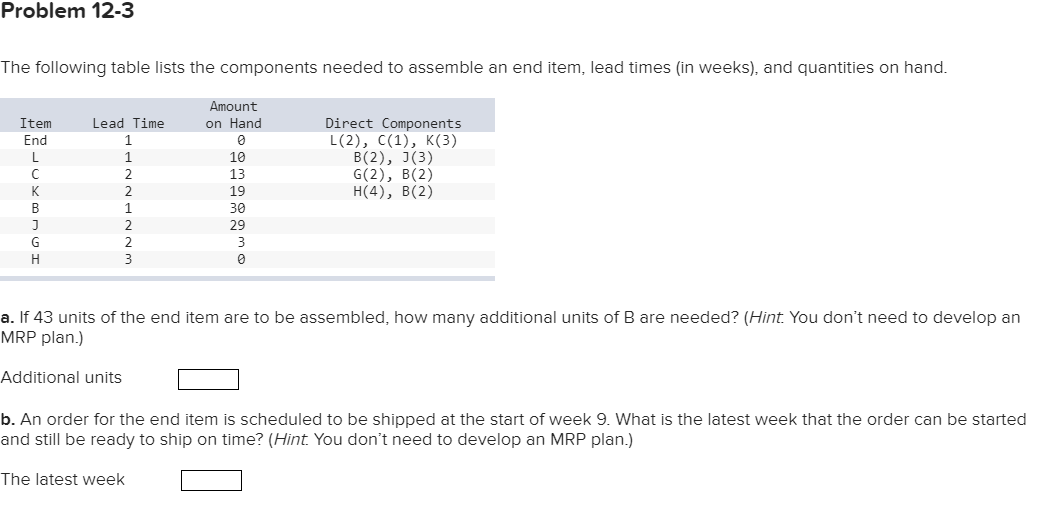 Problem 12-3 The following table lists the
