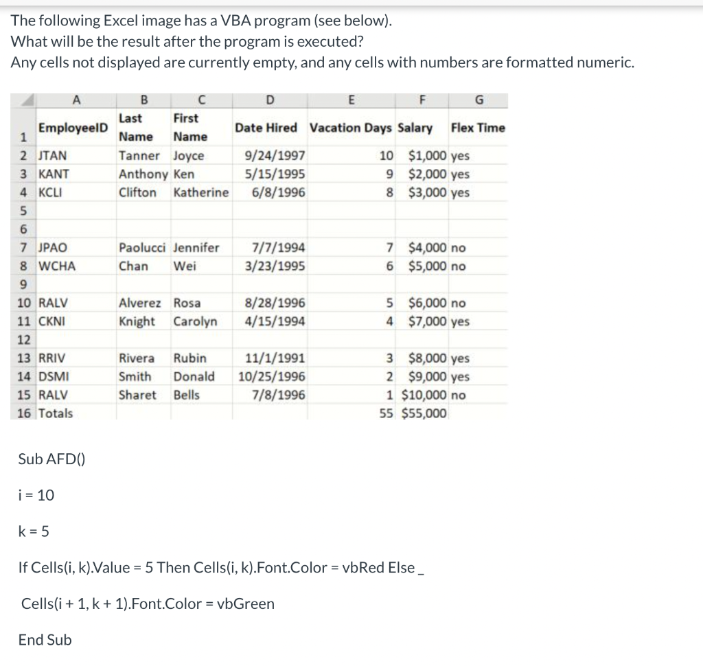  The following Excel image has a VBA program (see below). What