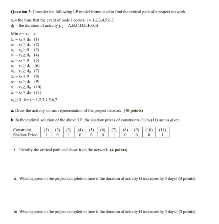 Question 3. Consider the following LP model