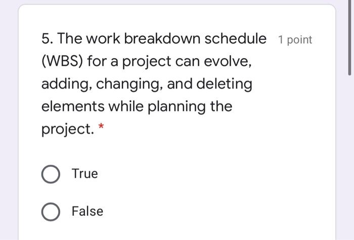 5. The work breakdown schedule 1 point (WBS) for
