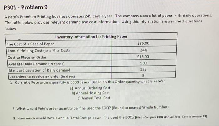 please help!!! A Pete's Premium Printing business