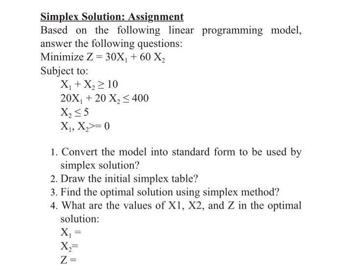 Simplex Solution: Assignment Based on the