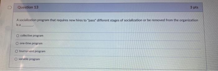 Question 13 3 pts A socialization program that