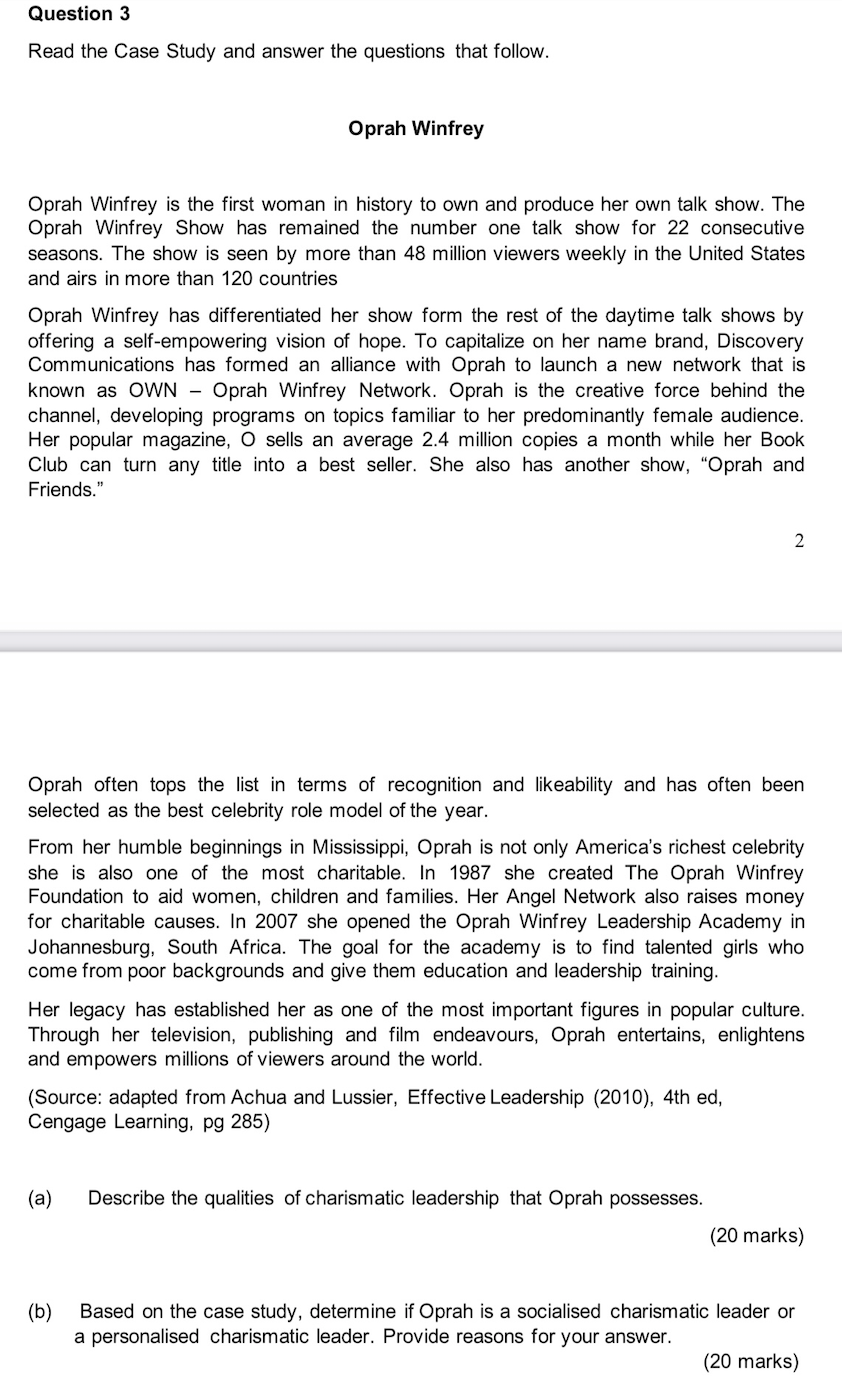 Question 3 Read the Case Study and answer the