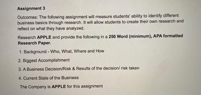 Assignment 3 Outcomes: The following assignment