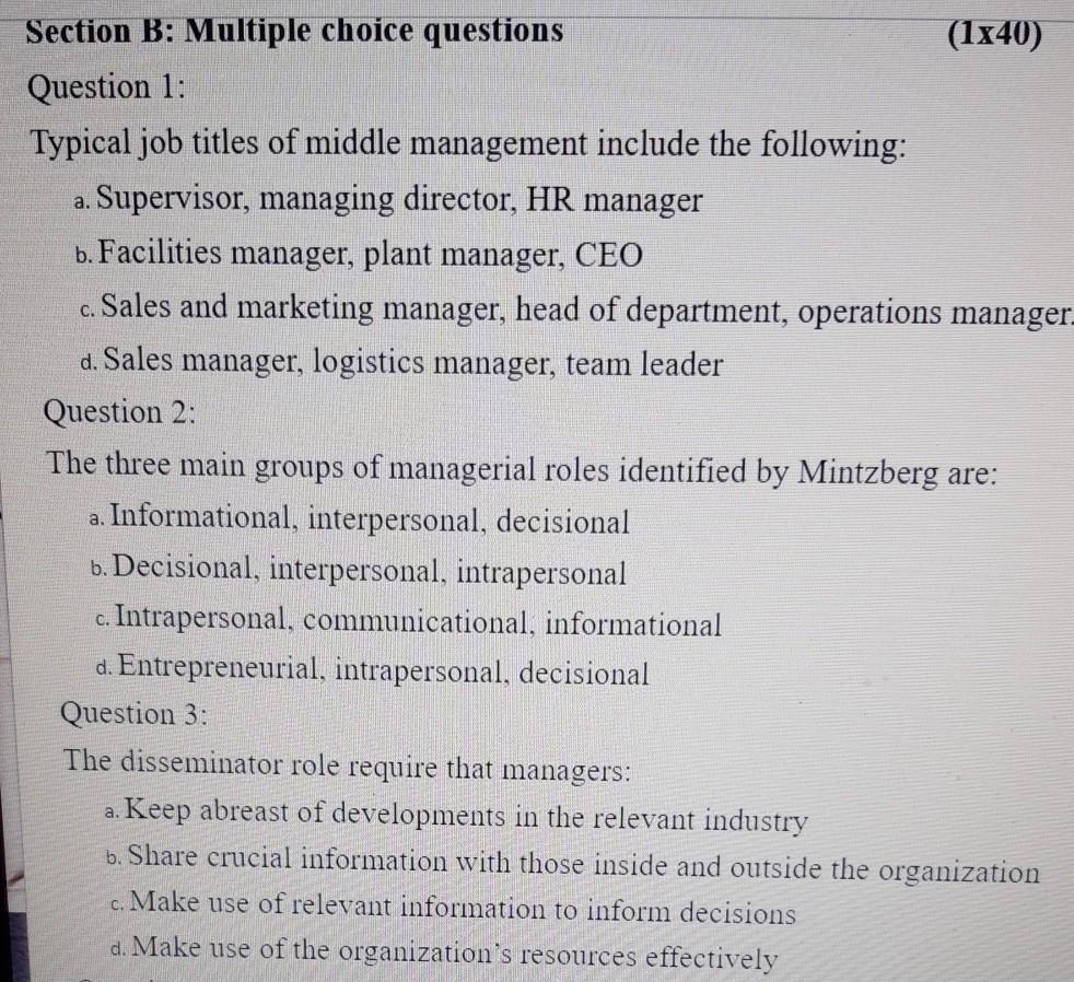 Section B: Multiple choice questions (1x40)