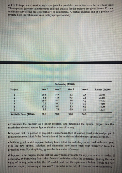 3. Fox Enterprises is considering six projects