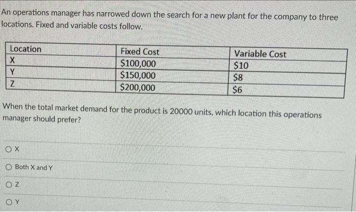 An operations manager has narrowed down the