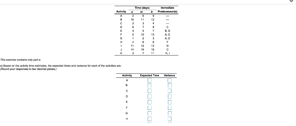 Activity Immediate Predecessor(s) A D E F G H