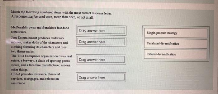 Match the following numbered items with the most