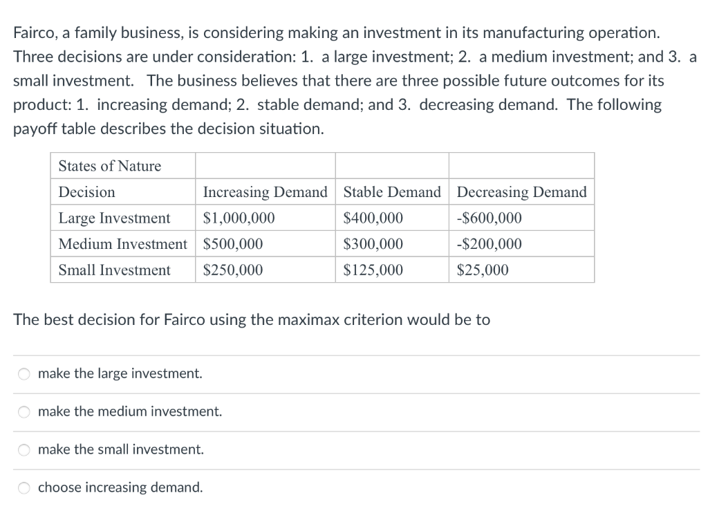 Fairco, a family business, is considering making