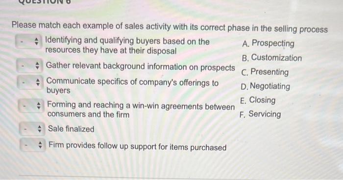 Please match each example of sales activity with