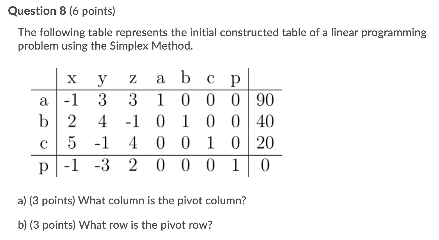 Question 8 (6 points) The following table