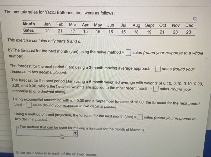 The monthly sales for Yazici Batteries, Inc.,