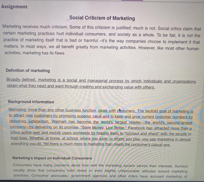 Assignment Social Criticism of Marketing