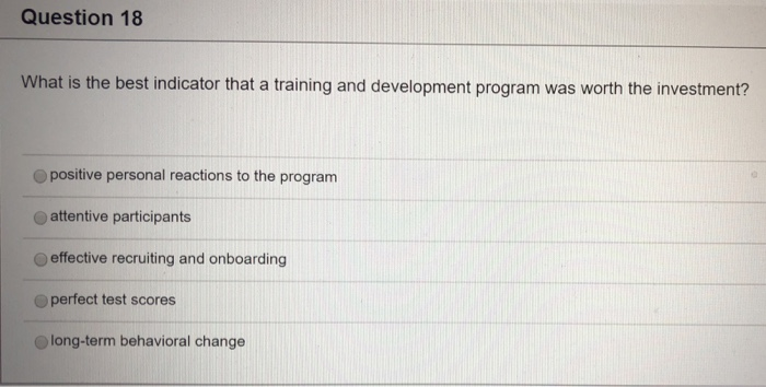 Question 17 is a training and development method