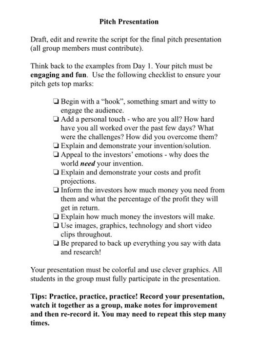 Pitch Presentation Draft, edit and rewrite the