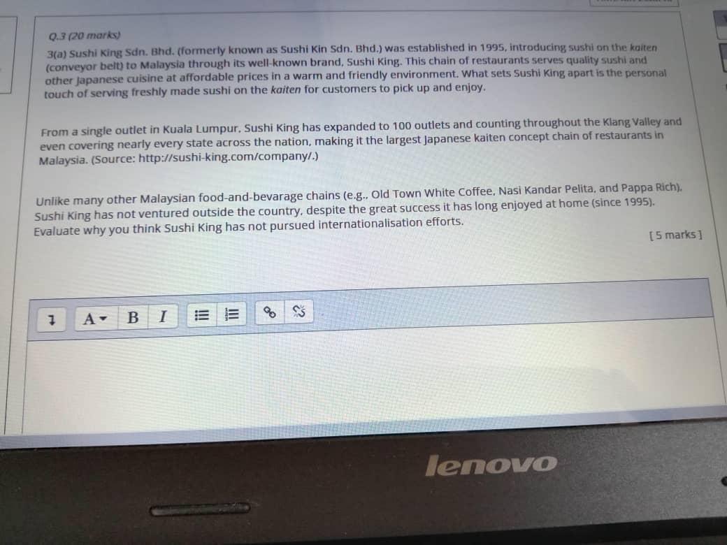 0.3 (20 marks) 3(a) Sushi King Sdn. Bhd.