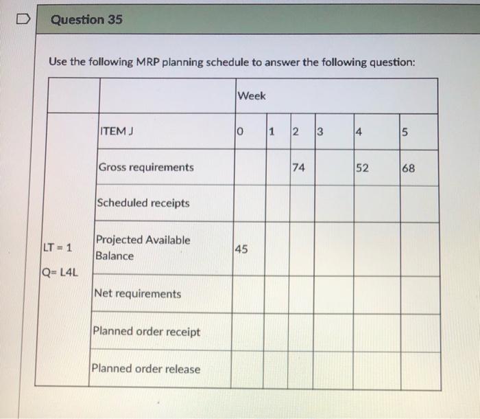 Question 35 Use the following MRP planning