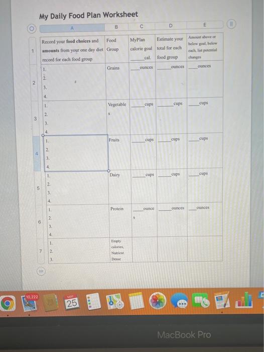 My Daily Food Plan Worksheet B D E MyPlan