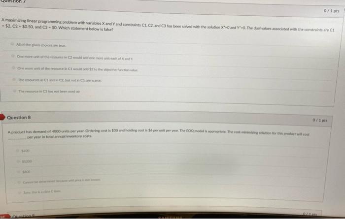 0/1 pts Alinear programming problem contains a