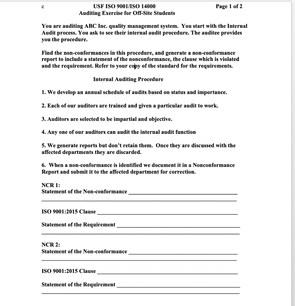 Page 1 of 2 USF ISO 9001/ISO 14000 Auditing