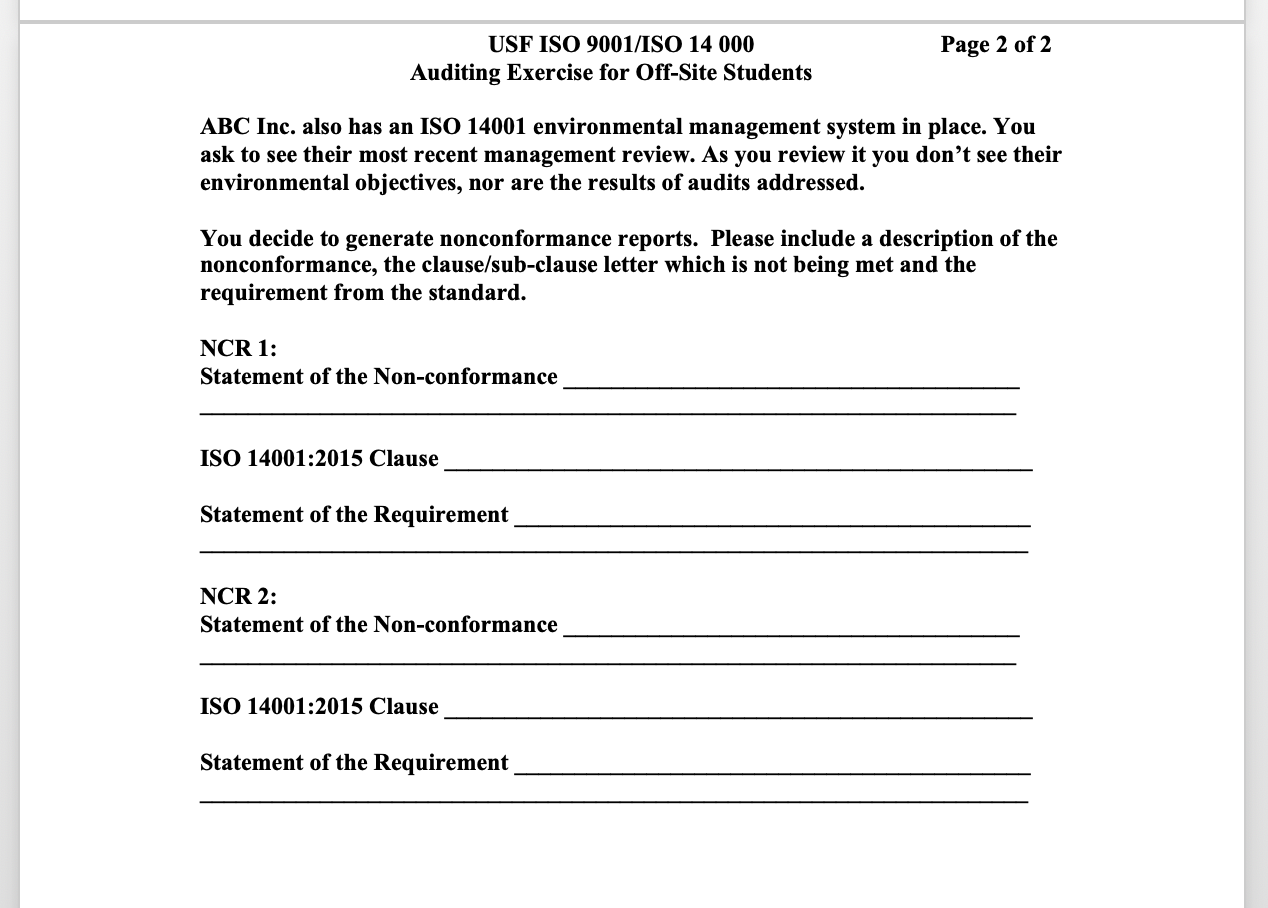 Page 1 of 2 USF ISO 9001/ISO 14000 Auditing