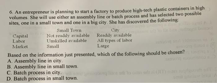 6. An entrepreneur is planning to start a factory