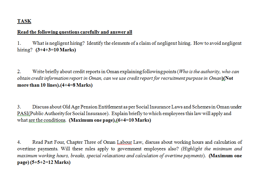 TASK Read the following questions carefully and