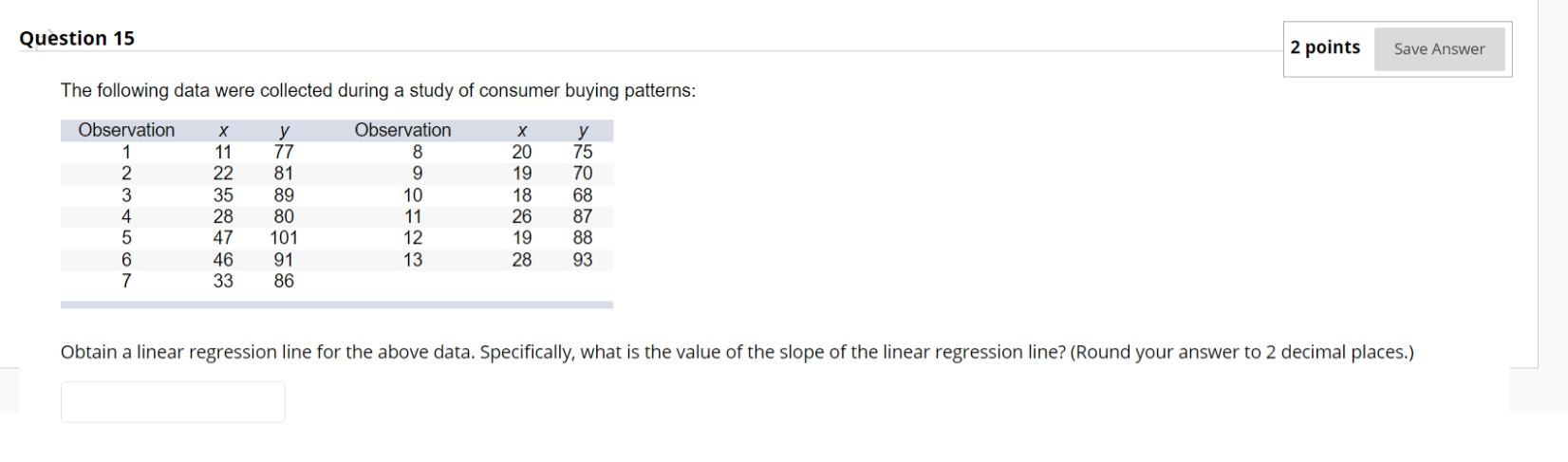 Question 15 The following data were collected