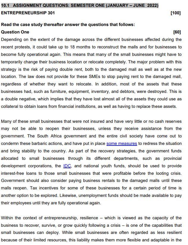 10.1 ASSIGNMENT QUESTIONS: SEMESTER ONE (JANUARY