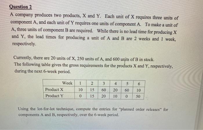Question 2 A company produces two products, X and