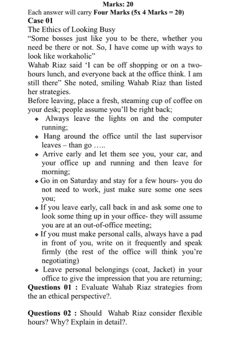 business ethics Marks: 20 Each answer will carry